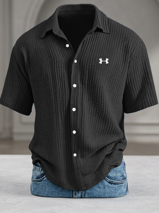 Loose-fitting textured short-sleeved shirt (cool-feel pure cotton)
