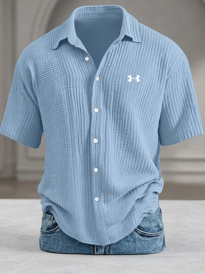 Loose-fitting textured short-sleeved shirt (cool-feel pure cotton)