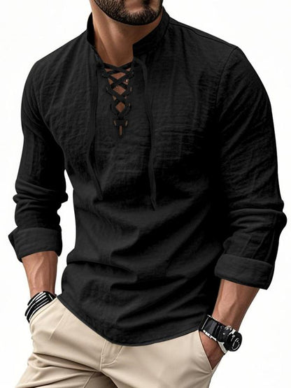 Men's linen casual long-sleeved polo shirt