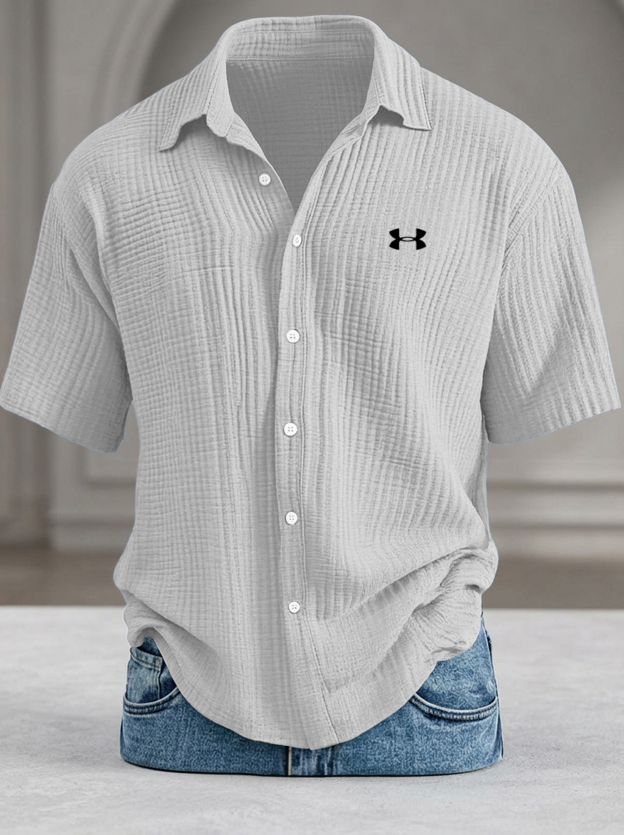 Loose-fitting textured short-sleeved shirt (cool-feel pure cotton)
