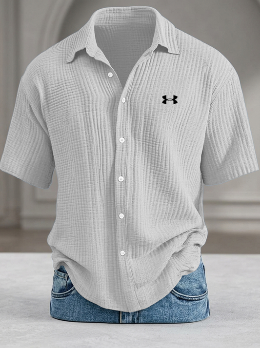 Loose-fitting textured short-sleeved shirt (cool-feel pure cotton)