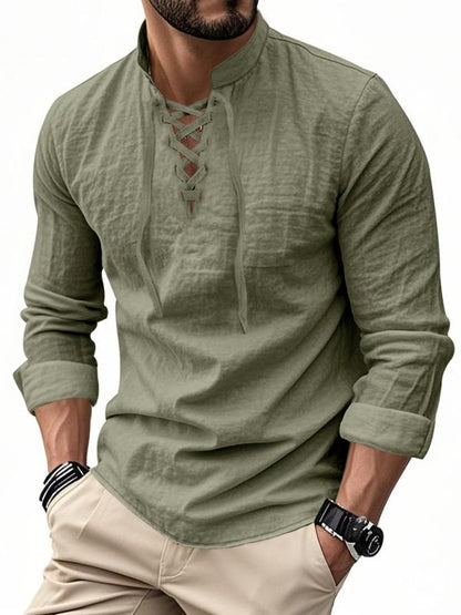 Men's linen casual long-sleeved polo shirt