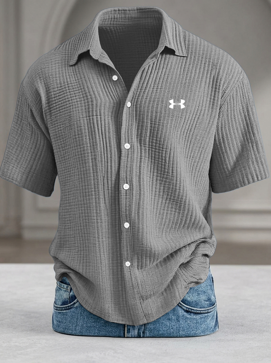 Loose-fitting textured short-sleeved shirt (cool-feel pure cotton)