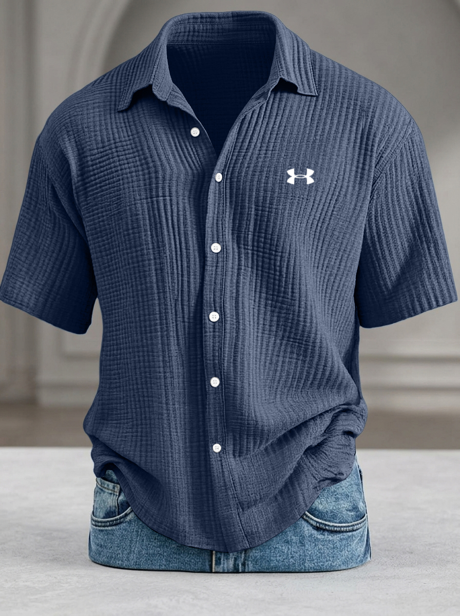 Loose-fitting textured short-sleeved shirt (cool-feel pure cotton)