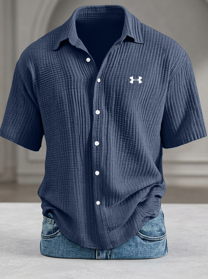 Loose-fitting textured short-sleeved shirt (cool-feel pure cotton)