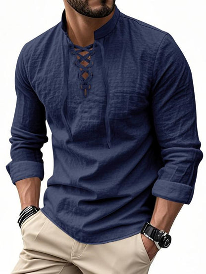 Men's linen casual long-sleeved polo shirt