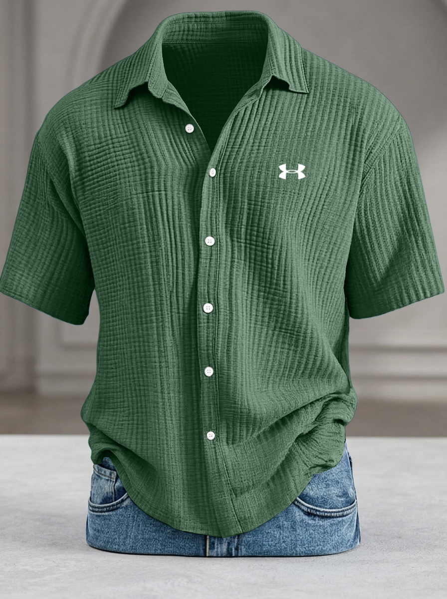 Loose-fitting textured short-sleeved shirt (cool-feel pure cotton)