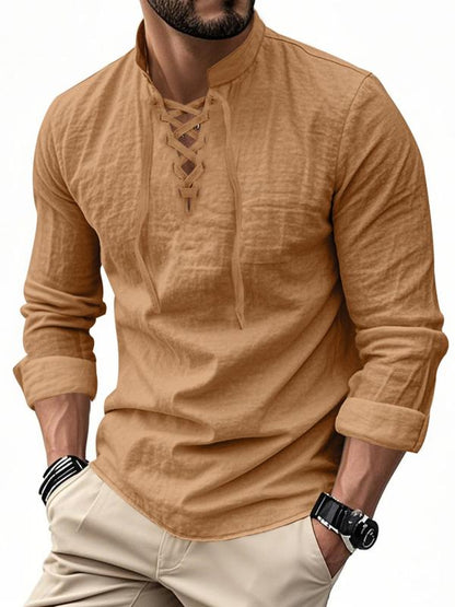 Men's linen casual long-sleeved polo shirt