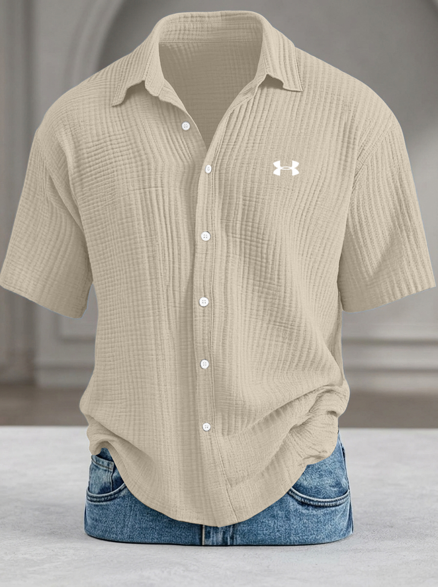Loose-fitting textured short-sleeved shirt (cool-feel pure cotton)