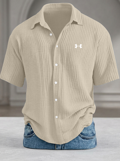 Loose-fitting textured short-sleeved shirt (cool-feel pure cotton)